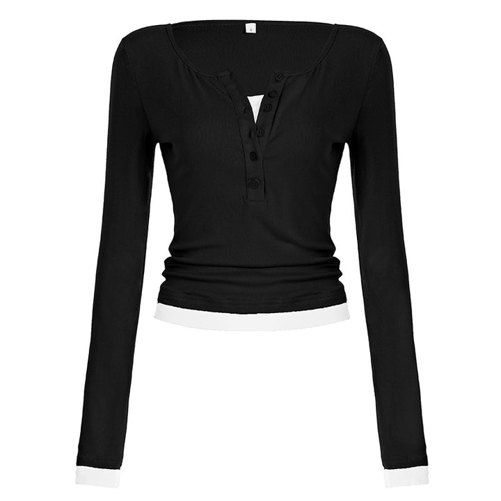 Women's tailored henley crop long sleeve with contrasting hem and sleeve cuffs Mune Fashion
