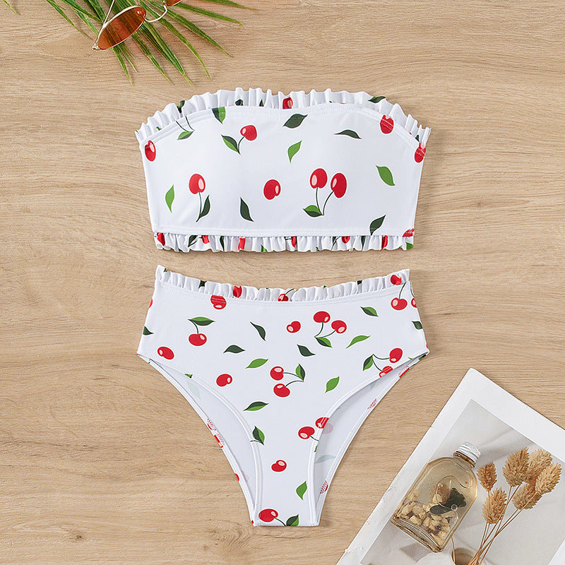 Women's bandeau bikini with cheerful cherry pattern and elegant ruffle Mune Fashion