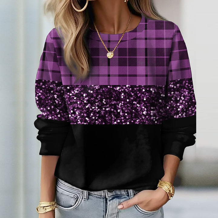 Women's sweatshirt with check pattern, sequined band and loose hem Mune Fashion