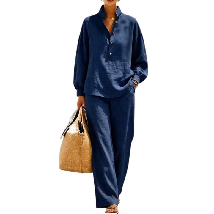 Women's Light Linen Look Two-Piece Set with Stand Collar Henley Blouse and Wide Palazzo Pants Mune Fashion