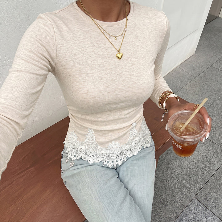 Women's Elegant Long Sleeve Shirt with Lace Trim Mune Fashion