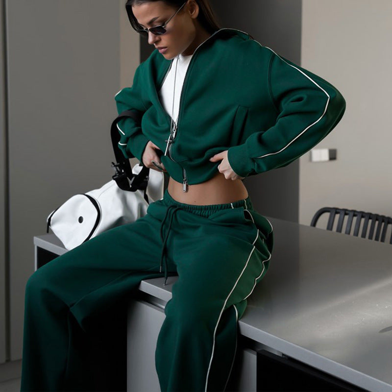 Women's nano short zipper hoodie and high waist jogging pants set with decorative side piping Mune Fashion