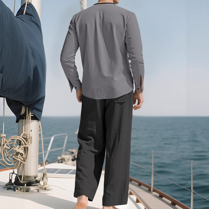 Men's tunic and Palazzo pants set with Henley placket, decorative embroidery and wide cut Mune Fashion