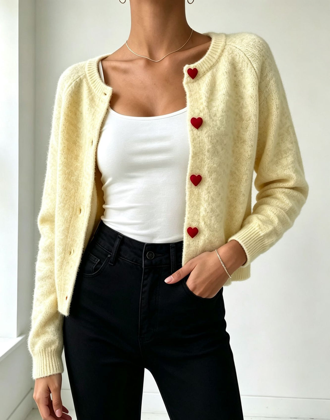 Women's knit cardigan with heart-shaped decorative buttons and soft mohair look Mune Fashion