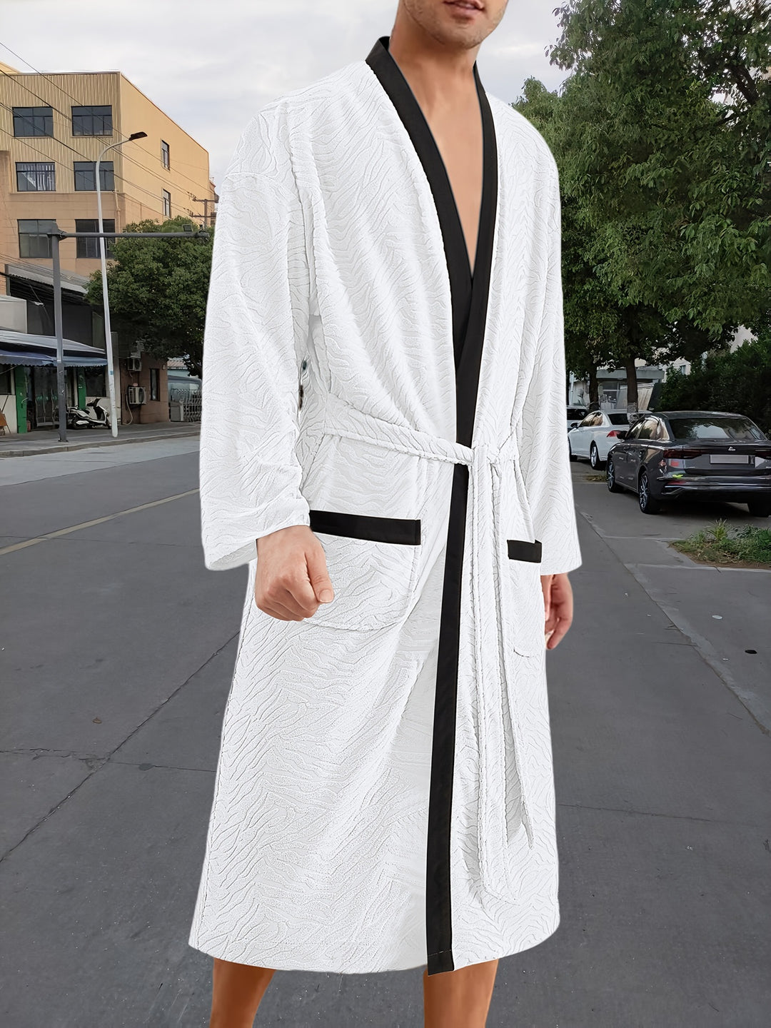 Men's lightweight cotton kimono bathrobe with waffle texture and patch pockets Mune Fashion