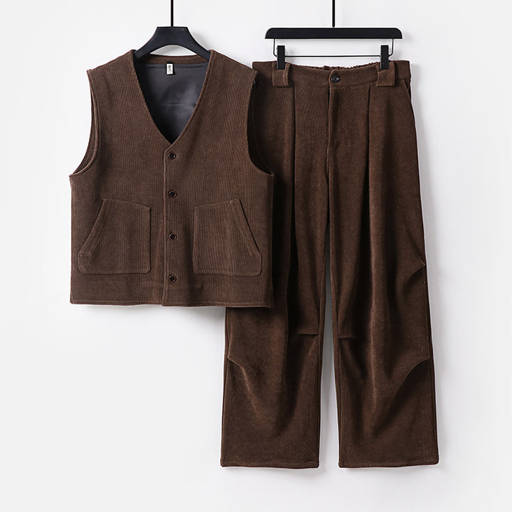 Men's cord loungewear set with V-neck vest and wide pleated trousers Mune Fashion