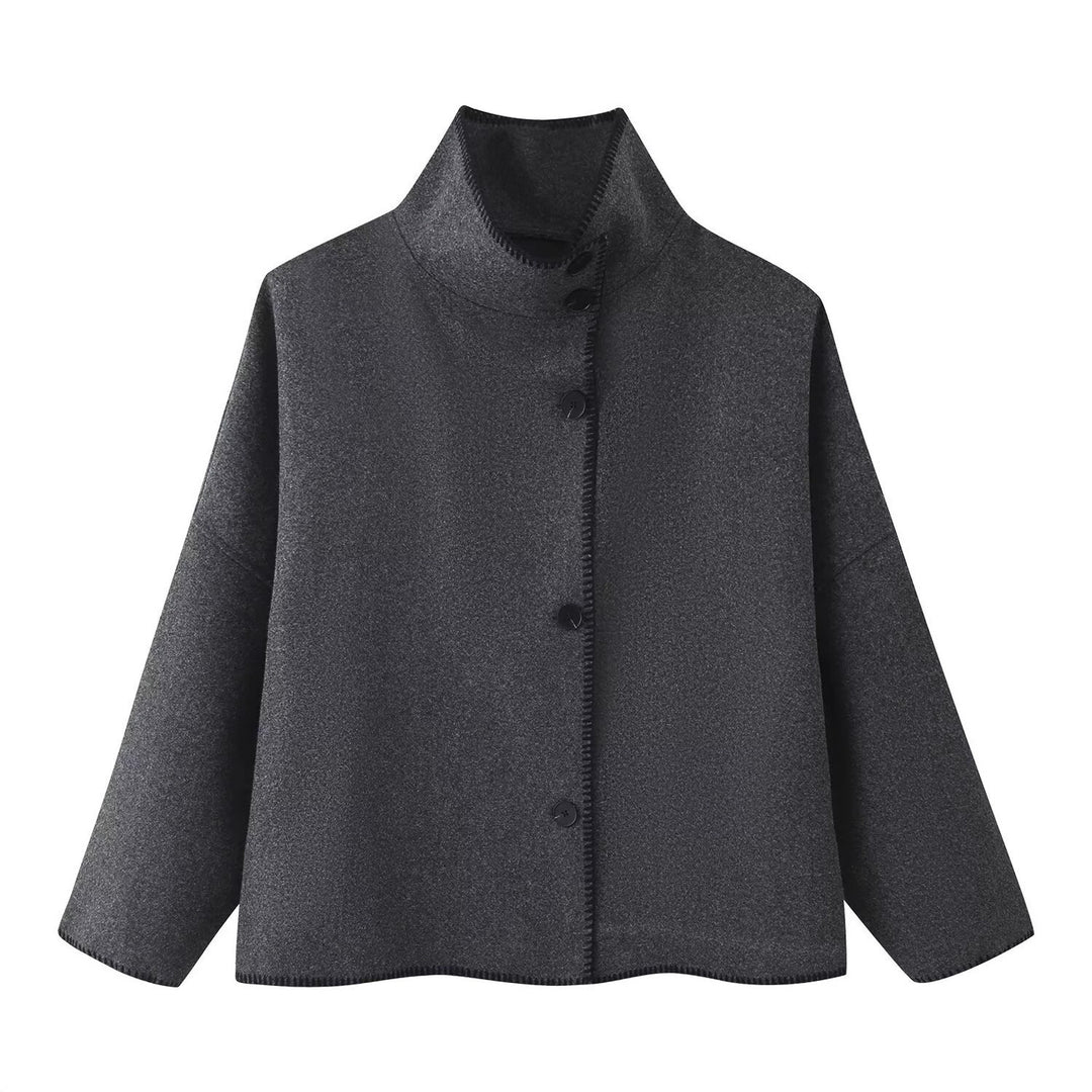 Women's Short Boxy Coat-Cape with Standing Collar and Contrast Decorative Stitch Mune Fashion