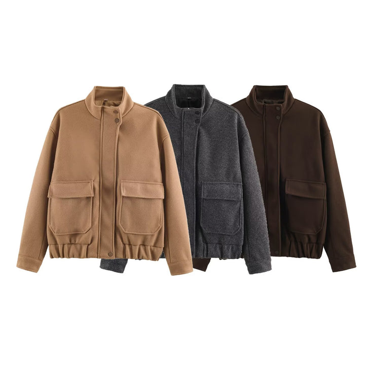 Women's Wool Look Bomber Jacket with Stand-Up Collar, Flap Pockets and Elastic Hem Mune Fashion