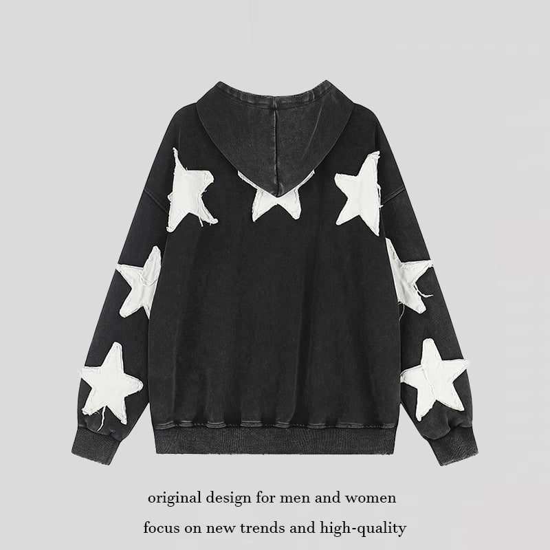 Women Oversize Hoodie Sweatshirt with Star Appliqués and Vintage Wash Mune Fashion