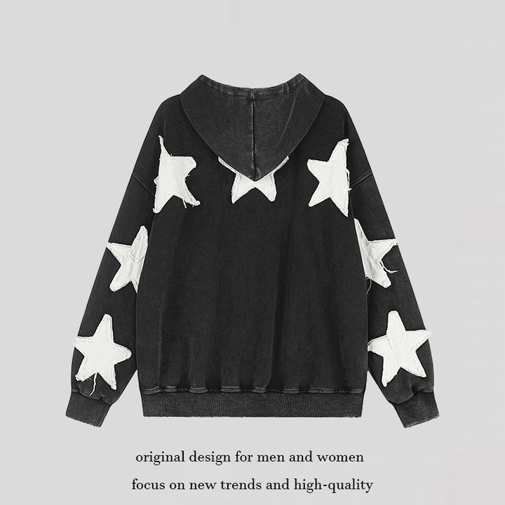 Women Oversize Hoodie Sweatshirt with Star Appliqués and Vintage Wash Mune Fashion