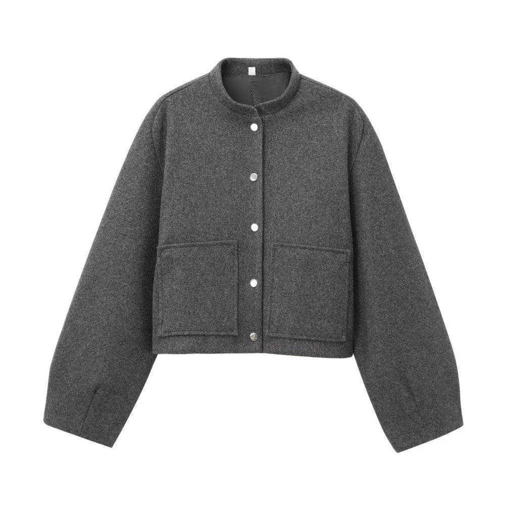 Women's Cropped Wool Boxy Jacket with Short Stand Collar and Patch Pockets Mune Fashion