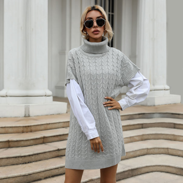 Women's knitted dress with roll neck, cable pattern and sleeveless tunic silhouette Mune Fashion