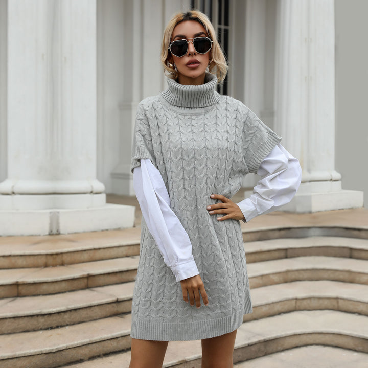 Women's knitted dress with roll neck, cable pattern and sleeveless tunic silhouette Mune Fashion