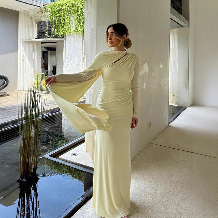 Women's Tailored Maxi Dress with Asymmetric Cape and High Collar Mune Fashion