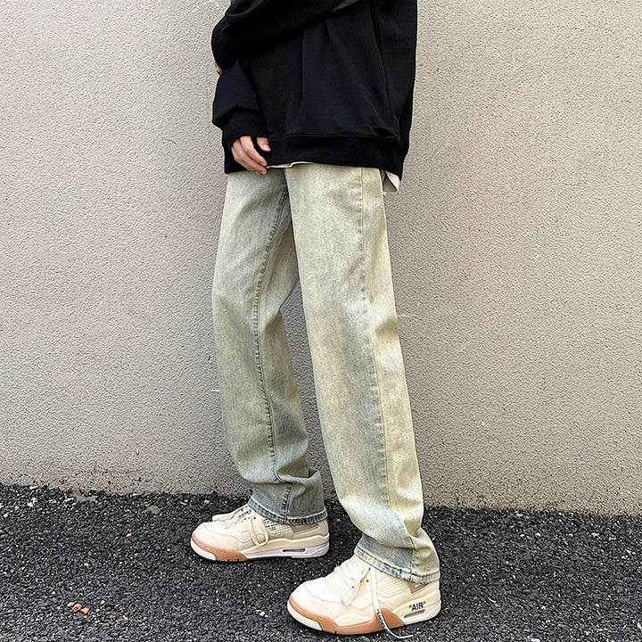 Men's Loose Straight Denim Jeans with Light Stonewash Look and Low Crotch Mune Fashion