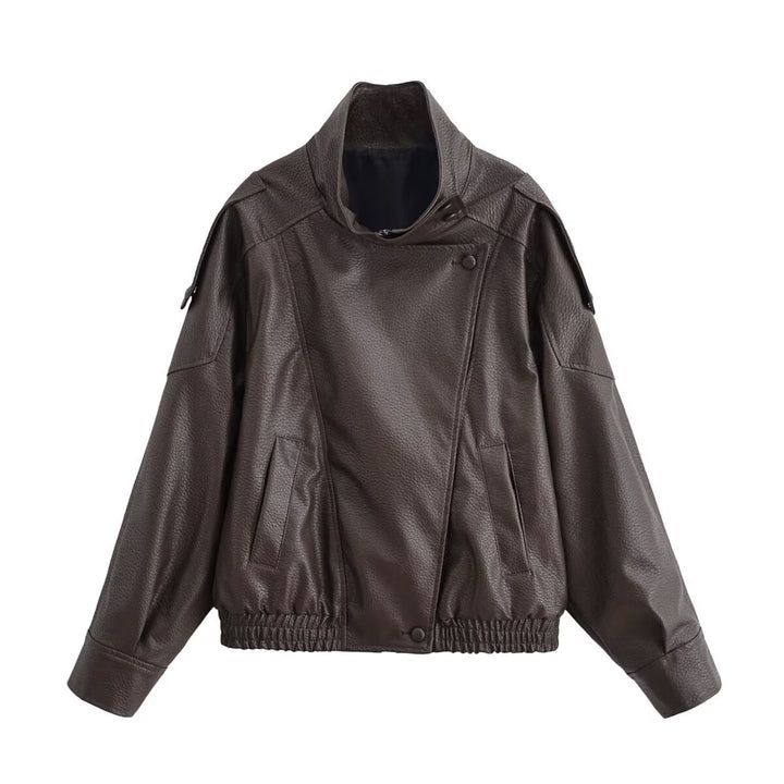 Women's Leather Look Bomber Jacket with High Stand-up Collar, Asymmetrical Snap Button Placket, and Elastic Hem Mune Fashion