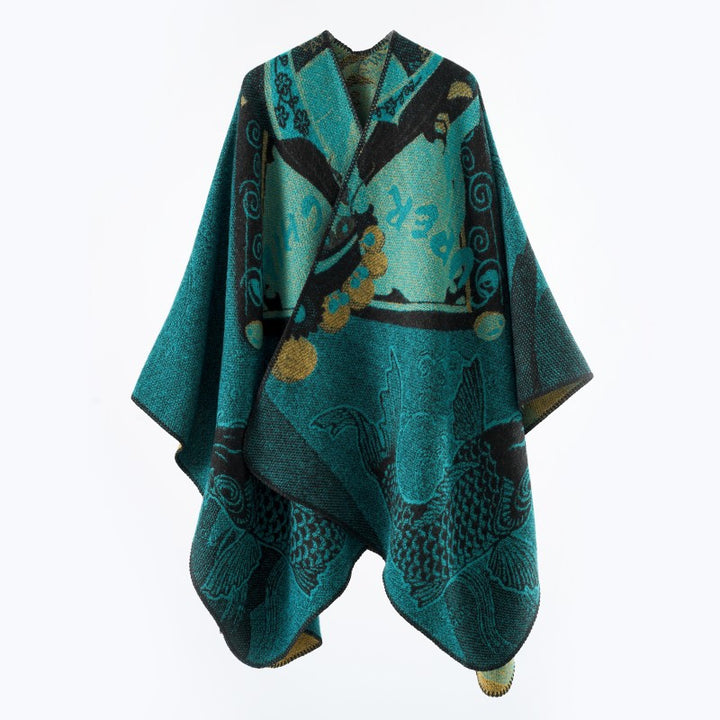 Women Jacquard Poncho with Fish Motif and Open Oversize Cut Mune Fashion