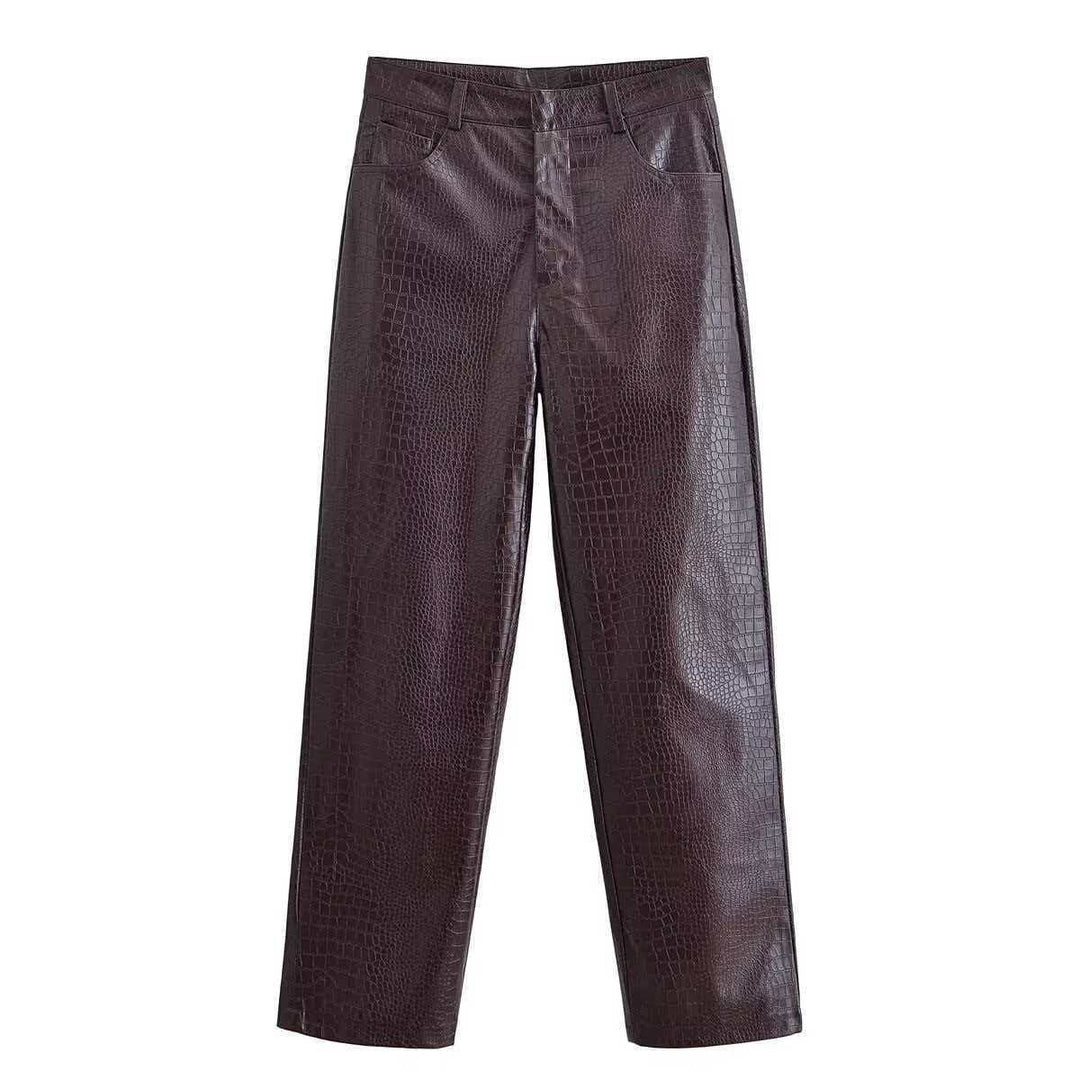 Women nan straight-cut faux leather trousers with crocodile embossing and high waist Mune Fashion