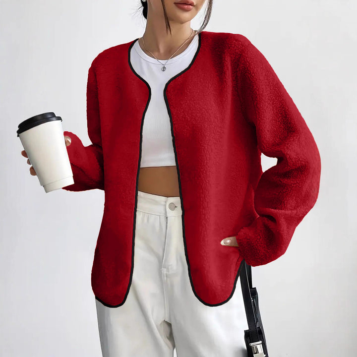 Women's Short Jacket Teddy Fleece Cardigan without Closure with Round Neck Drune