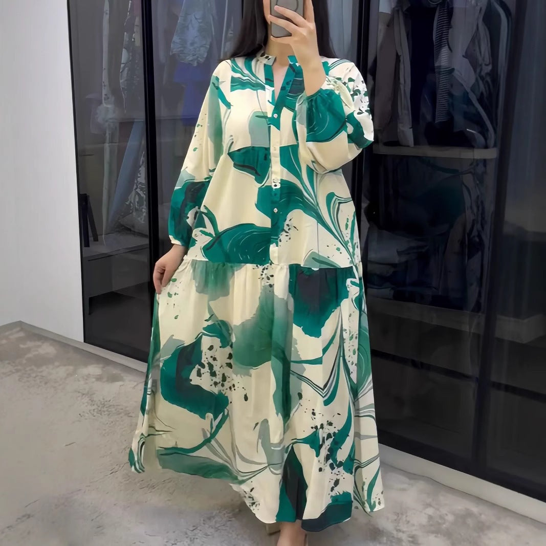 Women's Flowing Tiered Dress with Stand Collar, Balloon Sleeves and Button Placket Mune Fashion
