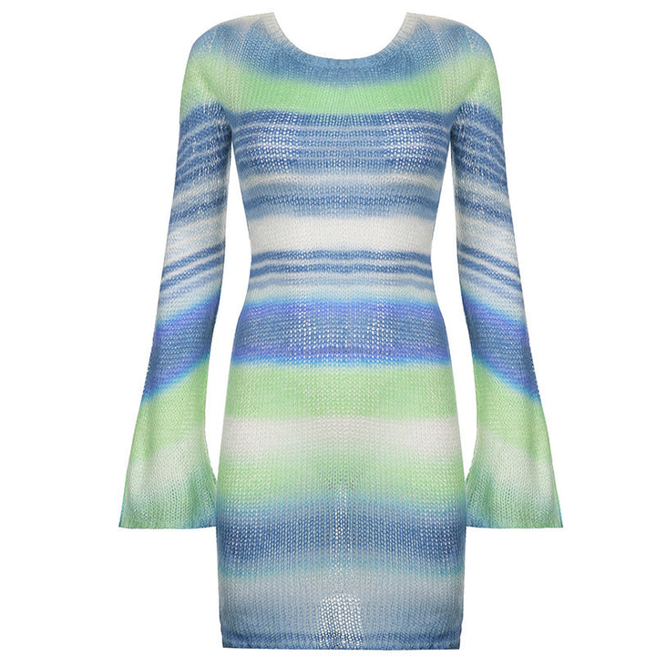 Women's figure-hugging knit mini dress with bell sleeves and silky light patterned knit Mune Fashion