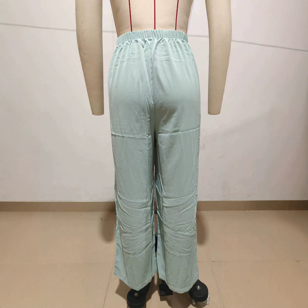 Women Light Satin Palazzo Pants with High Elastic Waistband and Box Pleats Drune
