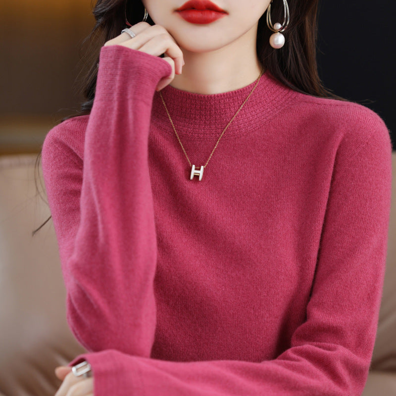 Women Light Fine Knit Mock Neck Sweater with Structured Collar Trim Mune Fashion