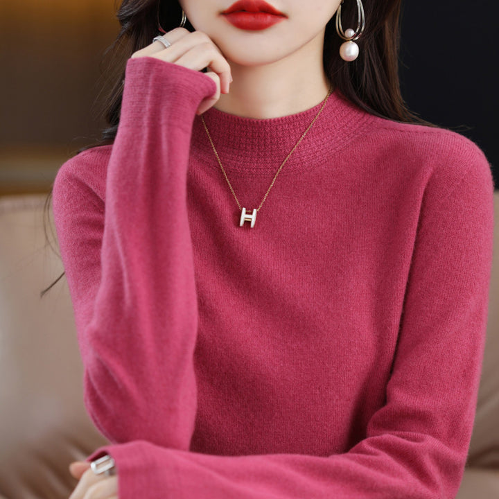 Women Light Fine Knit Mock Neck Sweater with Structured Collar Trim Mune Fashion