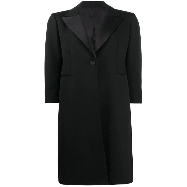 Women Elegant Single-Breasted Long Coat in Tuxedo Style with Narrow Lapels and Satin Trim Mune Fashion