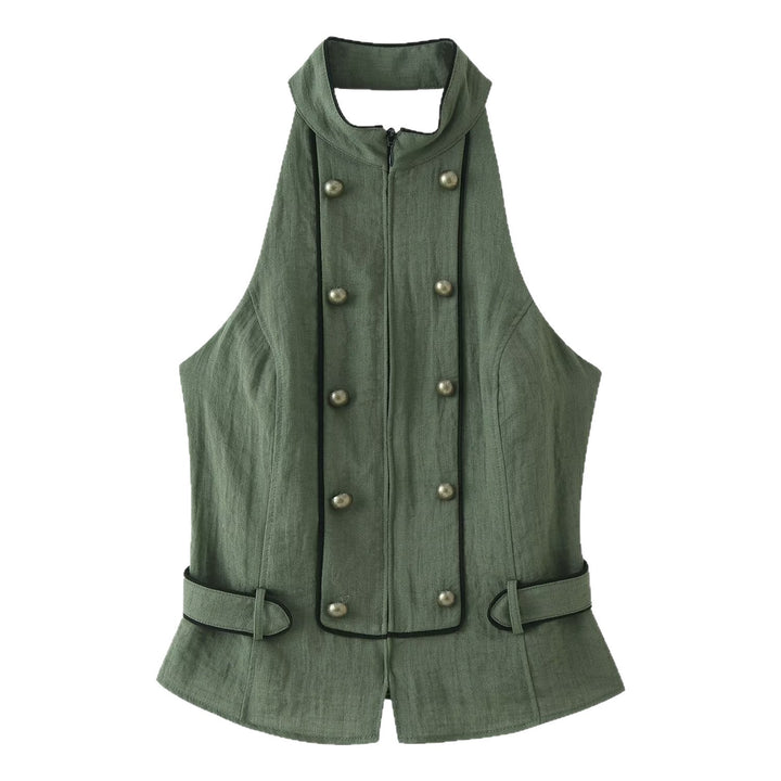 Women's Tailored Sleeveless Vest with Double-Breasted Button Placket and Stand-Up Collar Mune Fashion
