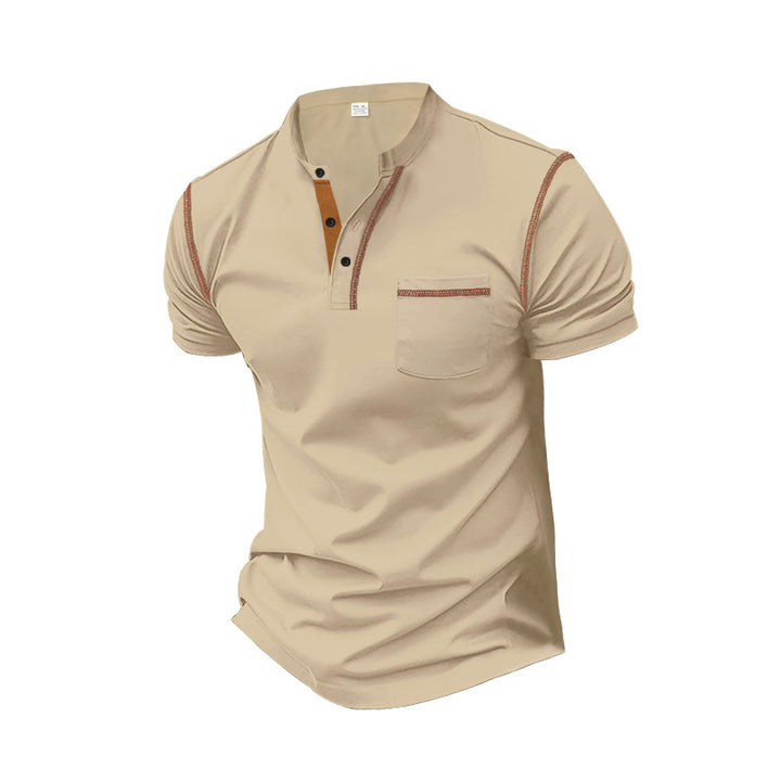 Men's short-sleeve polo in Henley style with stand-up collar, chest pocket and contrast stitching Mune Fashion