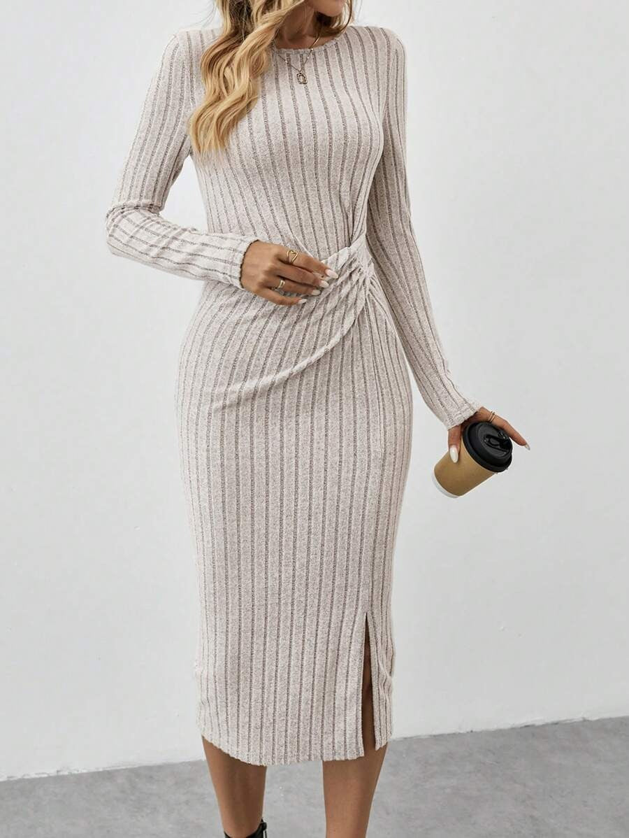 Women's Ribbed Midi Dress in Fine Knit with Twisted Waist Detail Drune