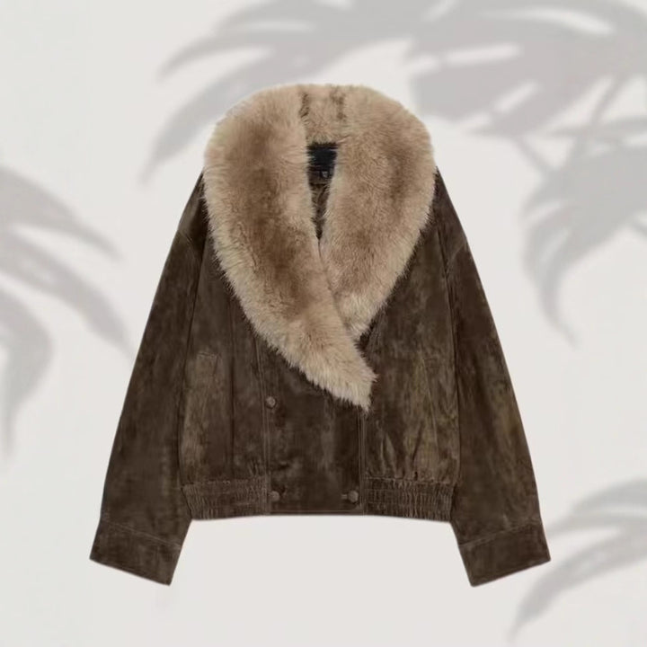 Women’s short-cut suede bomber jacket with luxurious fur collar Mune Fashion