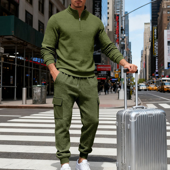 Men's nan cargo jogger suit with half zipper, structured waffle knit look and elastic waistband Mune Fashion