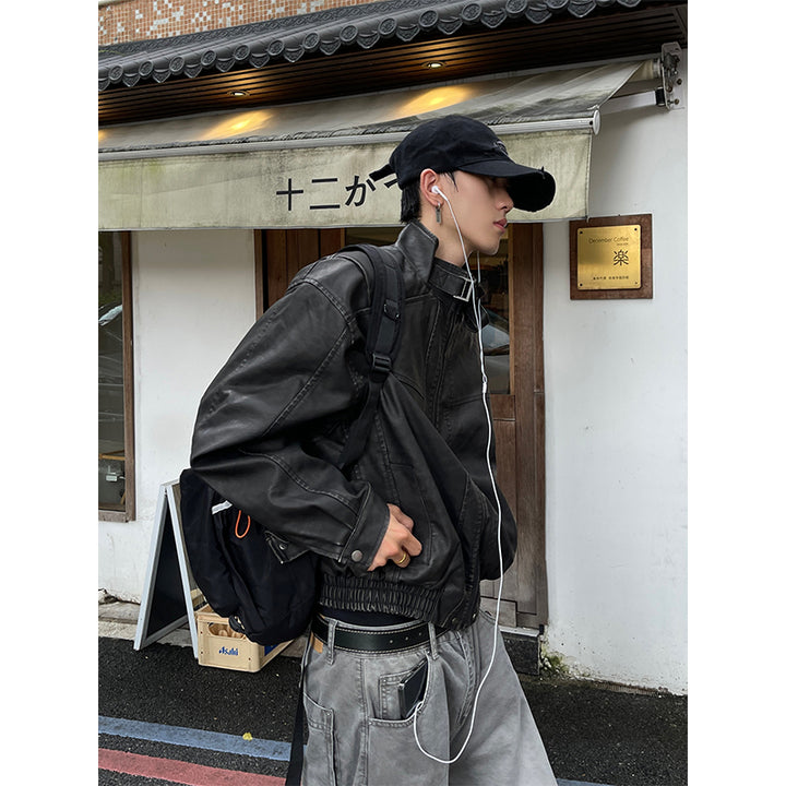 Men's Short Oversized Leather Imitation Blouson with Stand Collar, Zipper and Elastic Hem Mune Fashion