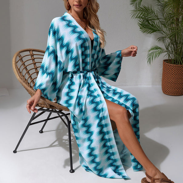 Women's Long Beach Kaftan with V-Neck, Waist Tie Belt & High Slit Mune Fashion