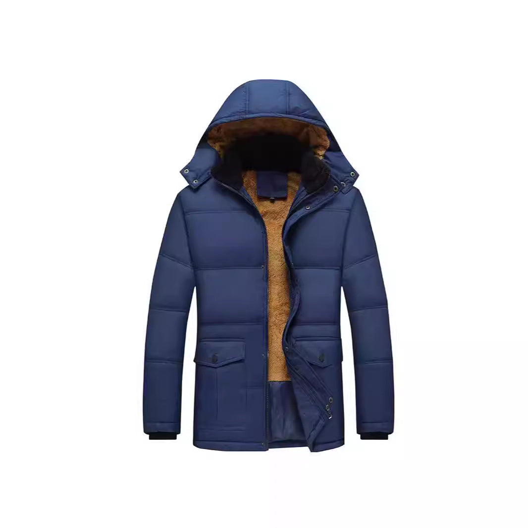 Men's Long Thermal Insulated Quilted Parka with Teddy Lining, Hood, and Flap Pockets