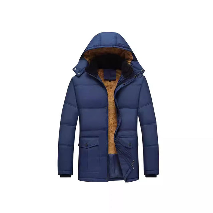 Men's Long Thermal Insulated Quilted Parka with Teddy Lining, Hood, and Flap Pockets
