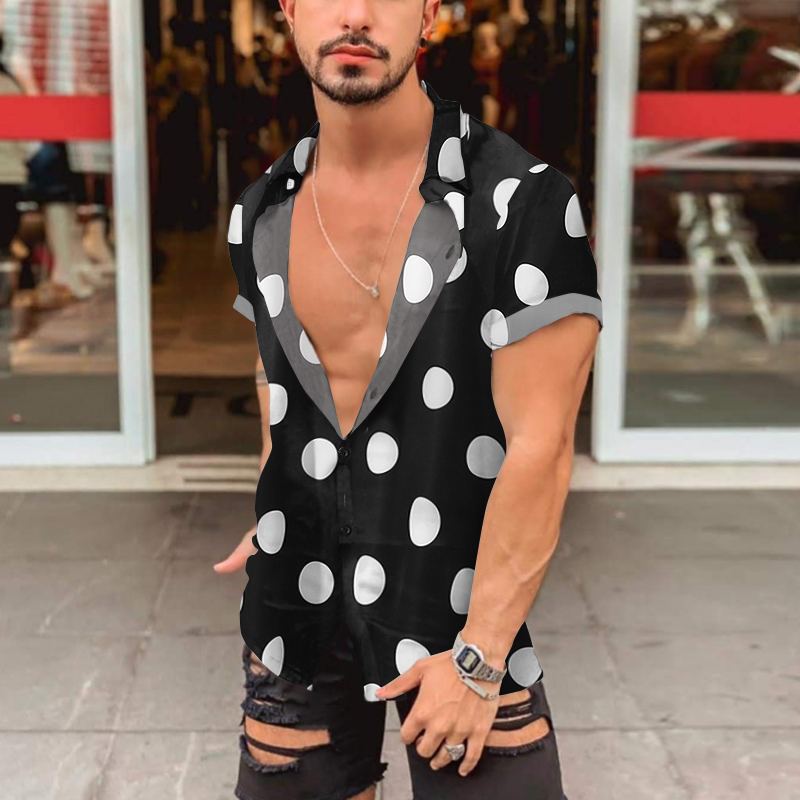 Men's short-sleeved shirt with large polka dot print, deep lapel collar and open button placket Mune Fashion