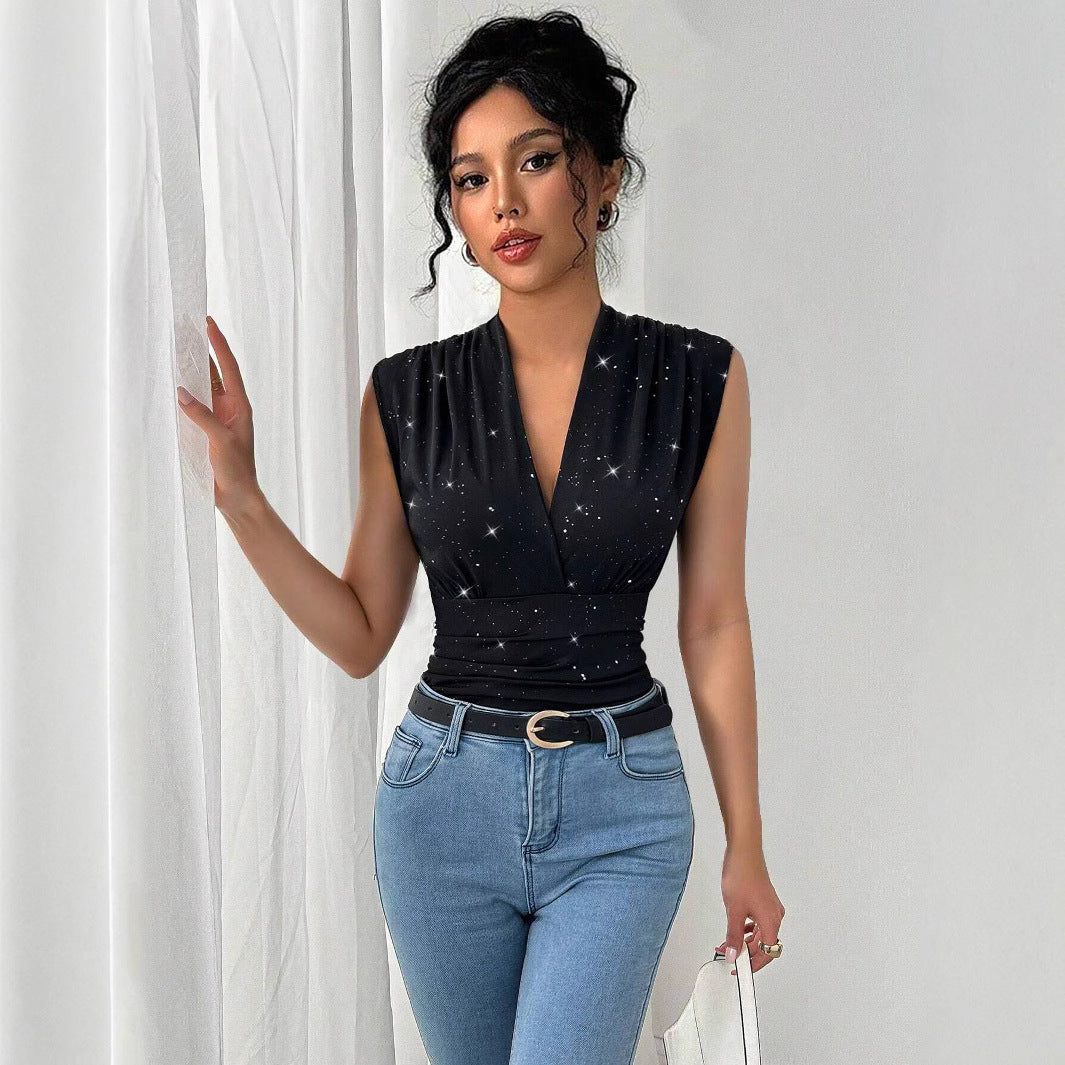 Women's sleeveless wrap top with deep V-neck, tailored draping and sparkling star print Mune Fashion