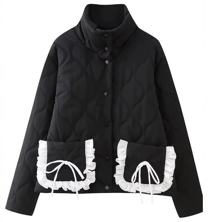 Women’s quilted jacket with stand-up collar and contrasting ruffled pockets Mune Fashion