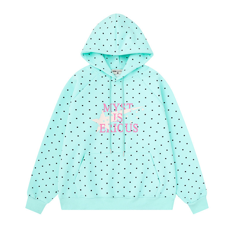 Women's oversized hoodie with allover polka dots, kangaroo pocket and star graphic Mune Fashion