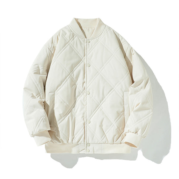 Men's quilted college varsity jacket with diamond quilting, snap button closure, and ribbed cuffs Mune Fashion