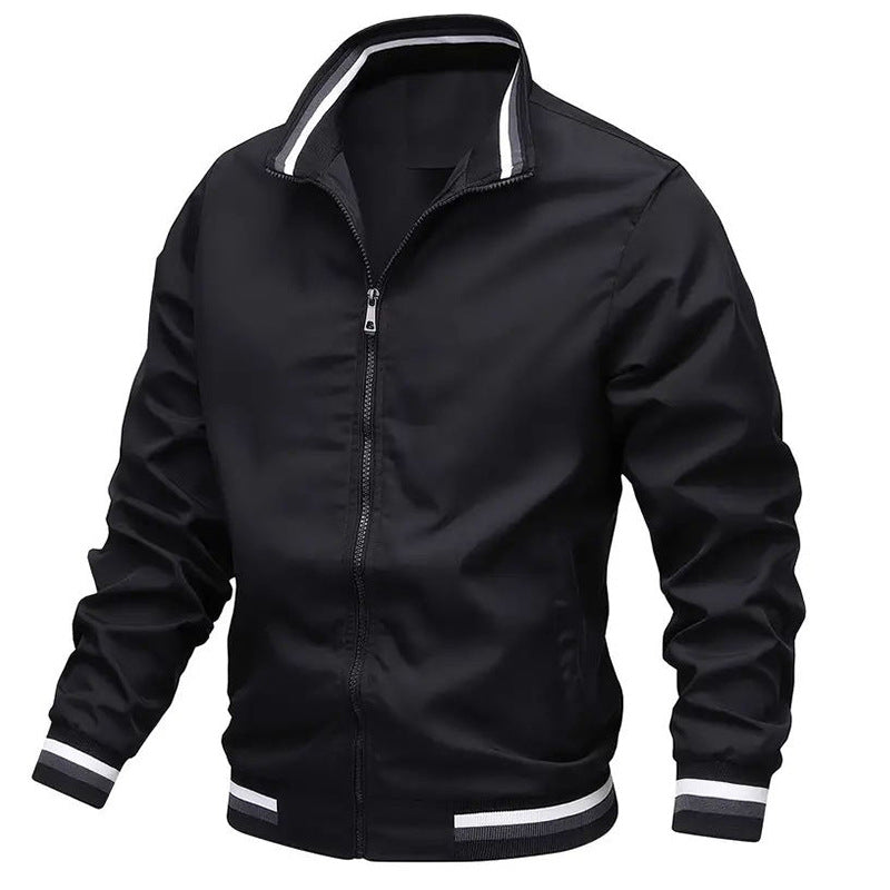 Men's lightweight windproof bomber jacket with stand-up collar, elastic cuffs, and full-length zipper.