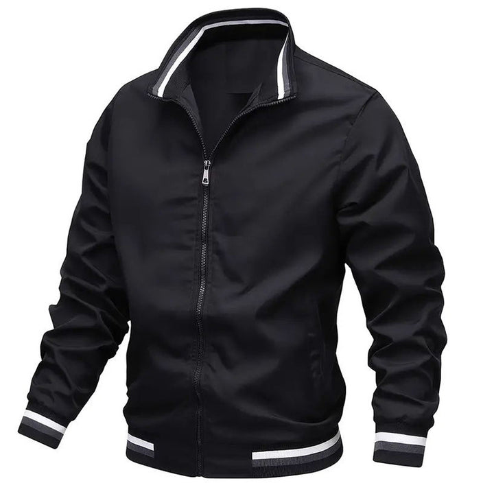 Men's lightweight windproof bomber jacket with stand-up collar, elastic cuffs, and full-length zipper.