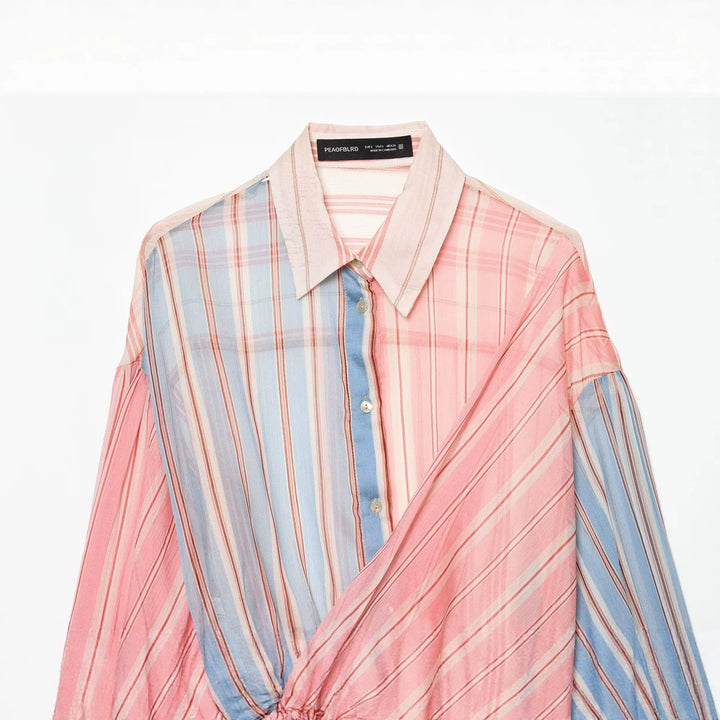 Women's Striped Wrap Blouse with Knot Waist and Gathered Balloon Sleeves Mune Fashion