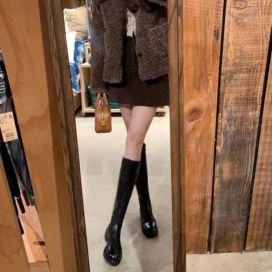 Women Knee-high Smooth Leather Boots with Hidden Zipper and Shock-absorbing Outsole Mune Fashion