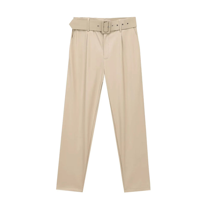 Ladies high-waisted pleated trousers with a narrow tapered leg and wide decorative belt Mune Fashion
