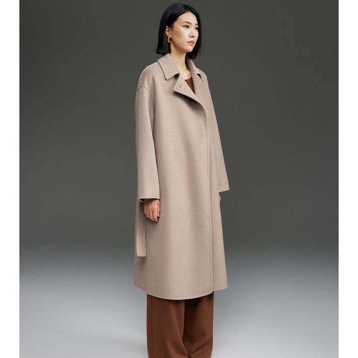 Women Straight Wool Blend Coat with Concealed Button Placket and Self-Tie Belt Mune Fashion