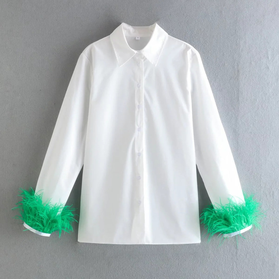 Ladies Elegant Cotton Blouse with Feather Trim at Cuffs and Classic Shirt Collar Mune Fashion